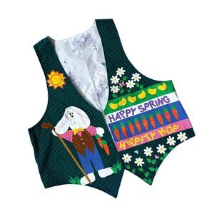 Handmade Vest Easter Bunny Rabbit Carrot Happy Spring Flower Kitschy Open Front